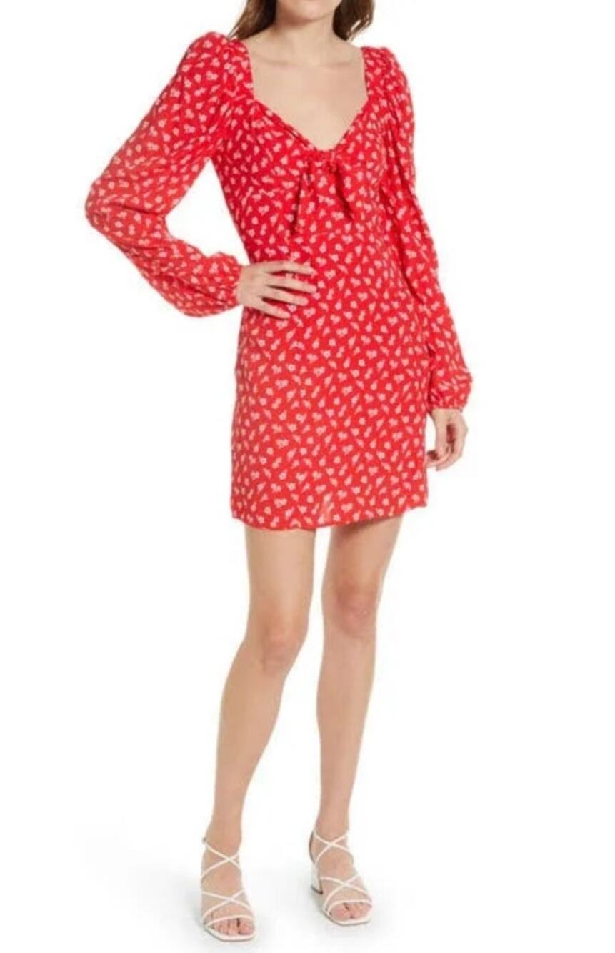 & Other Stories Long Sleeve Mini Dress 4 Red Ditsy Floral Smocked Tie Front